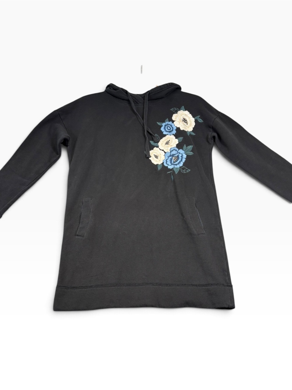 Hollister Floral Embroidered Hoodie Sweatshirt Dress Black Women's Small S GUC
